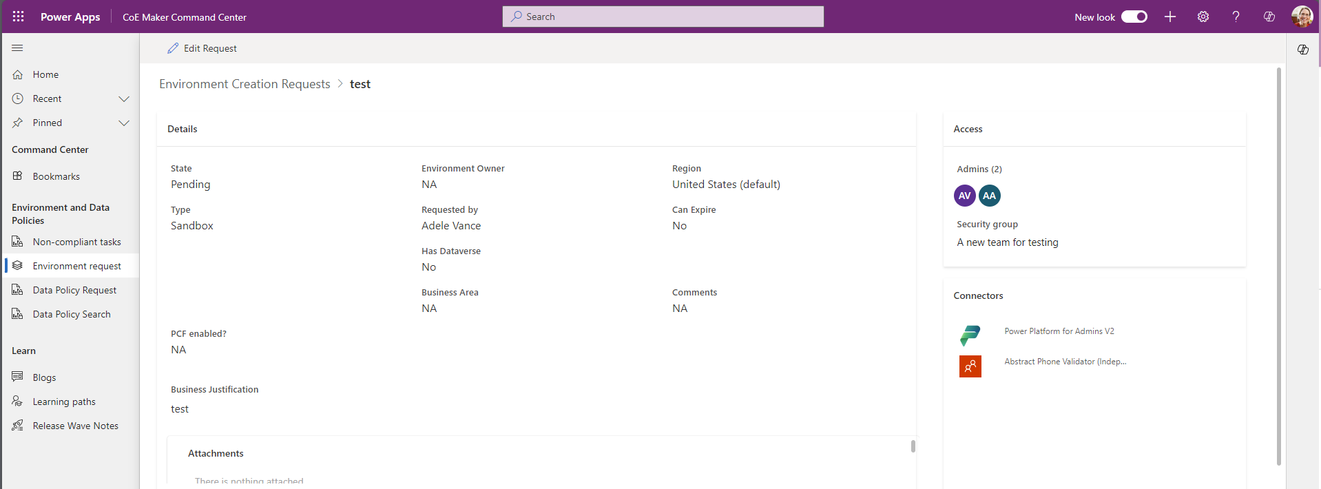 Screenshot showing the New Environment Creation Request screen where you provide environment details.