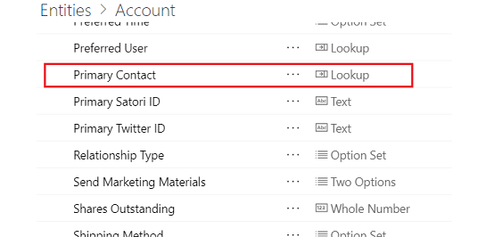 A partial list of the fields from the Account table in Dataverse for Apps, highlighting that "Primary Contact" is a lookup field