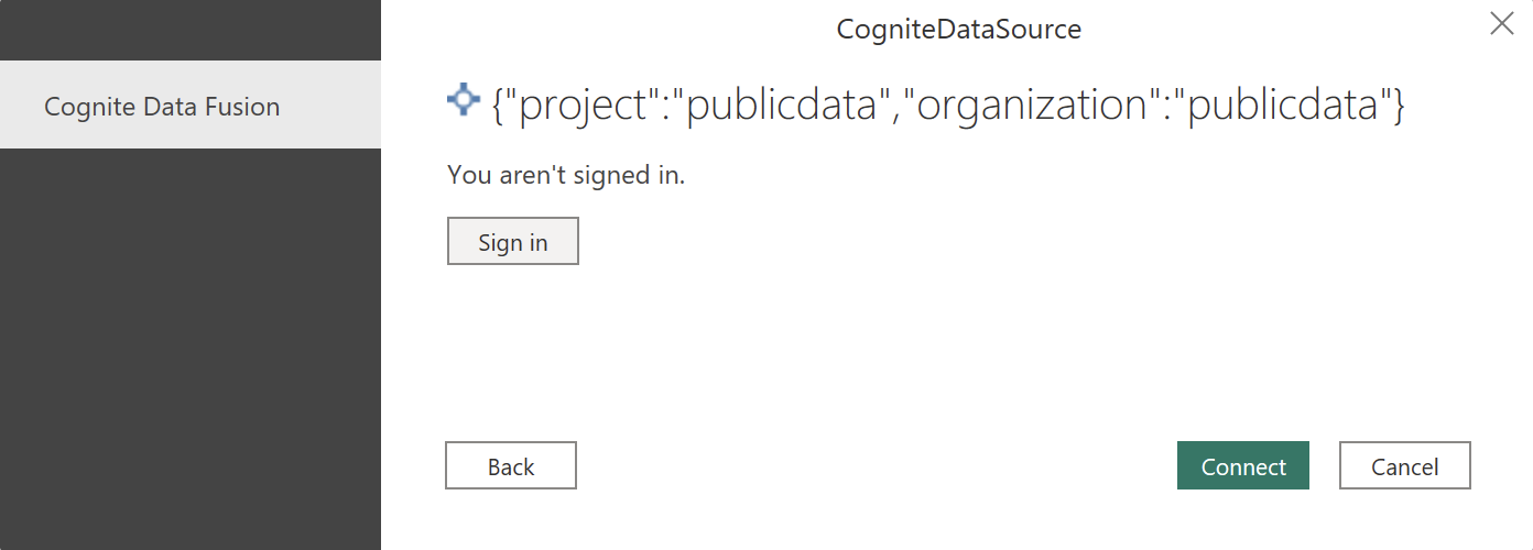Screenshot of the authentication dialog where you select the sign in button.
