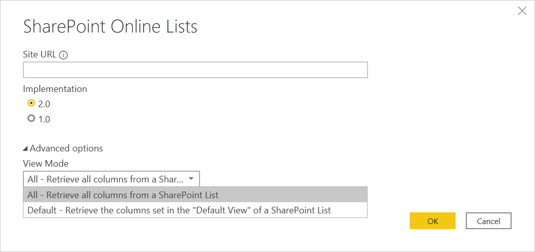 Screenshot of the SharePoint Online Lists dialog showing a sample of SharePoint Online List settings.