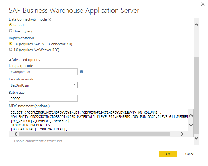 Screenshot of the SAP BW connection dialog with the example MDX statement shown in the MDX statement option.