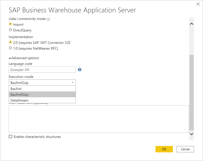 Screenshot of the SAP BW connection dialog showing location of the Execution mode option.