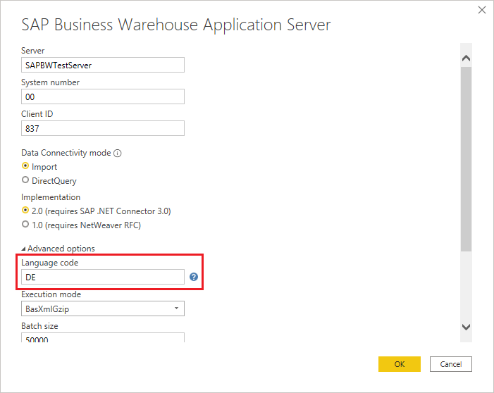 Screenshot of the SAP BW connection dialog with a two-digit language code in the advanced options emphasized.