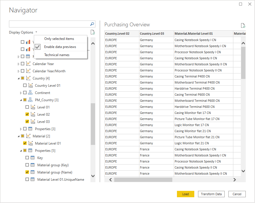 Screenshot of the navigator with the display options context menu open.