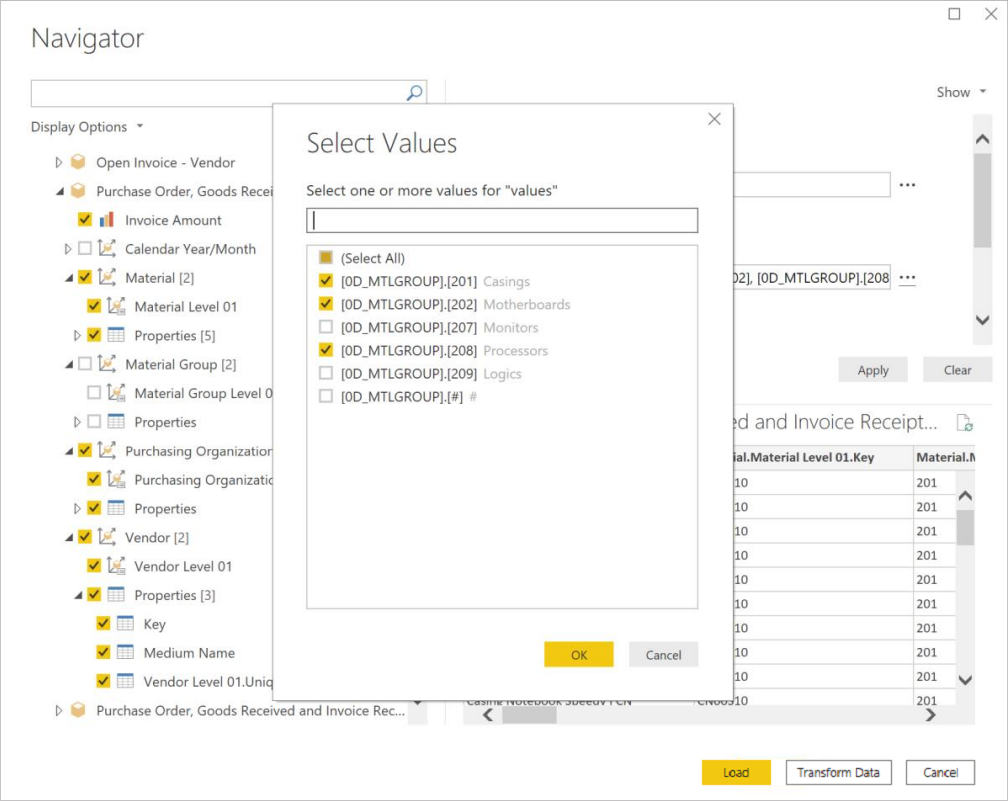 Screenshot of the Select values menu showing material groups that can be selected.