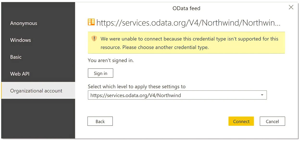 Screenshot of the authentication dialog displaying an error from connecting to an endpoint that doesn't support OAuth with the web connector.