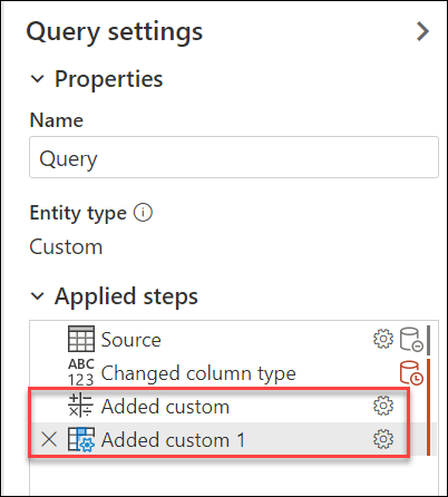 Custom column added to the applied steps list.