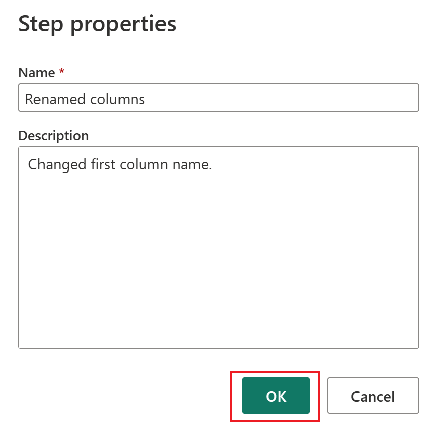 Screenshot of the Step properties page with a new column name, a changed description, and OK emphasized.