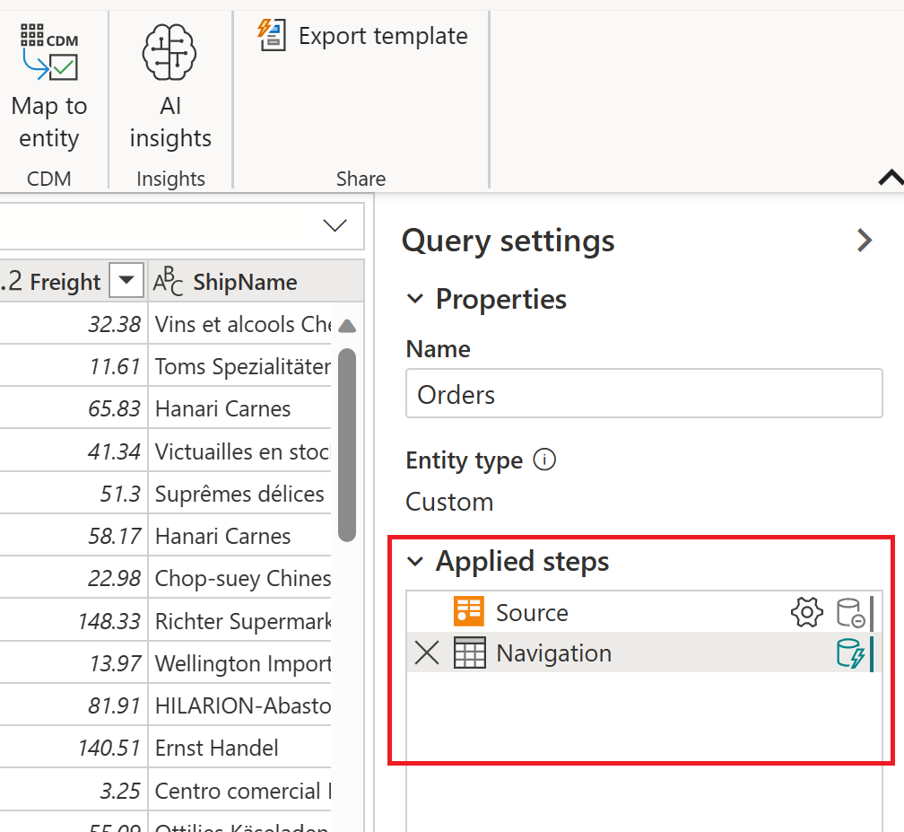 Screenshot of the online Power Query editor, with the Applied Steps section on the lower right side emphasized.