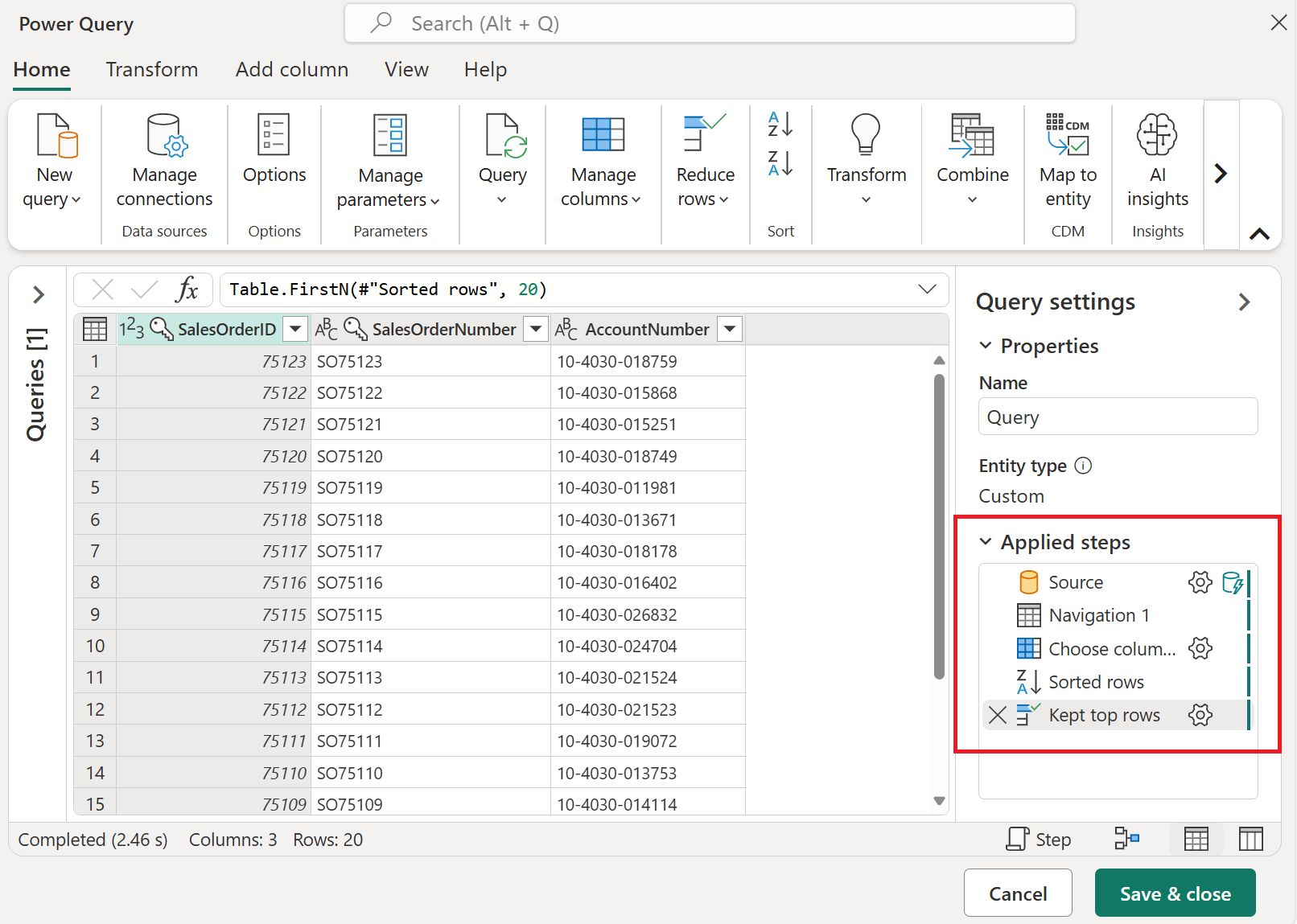 Image of the applied steps and the data preview view.