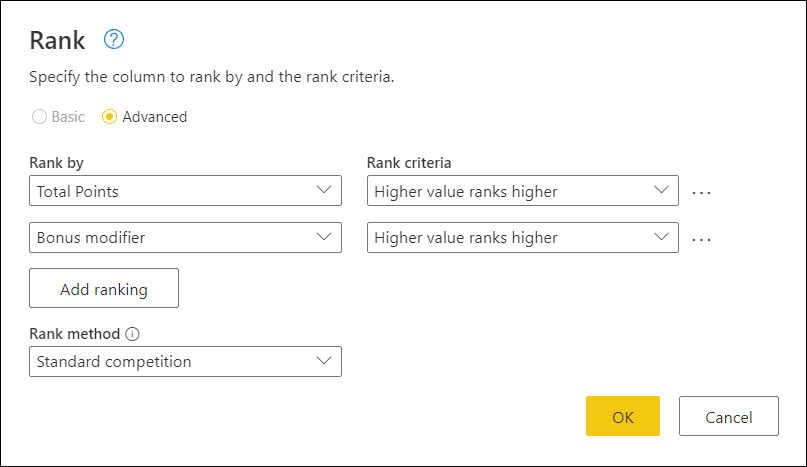 Advanced section of the rank dialog.