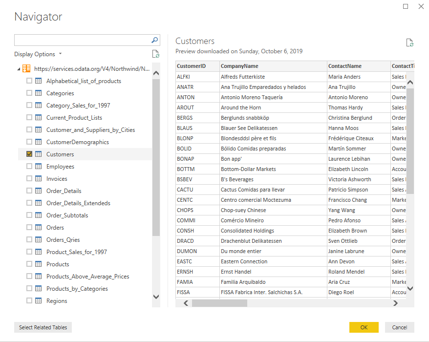 Screenshot that shows the Northwind navigation.