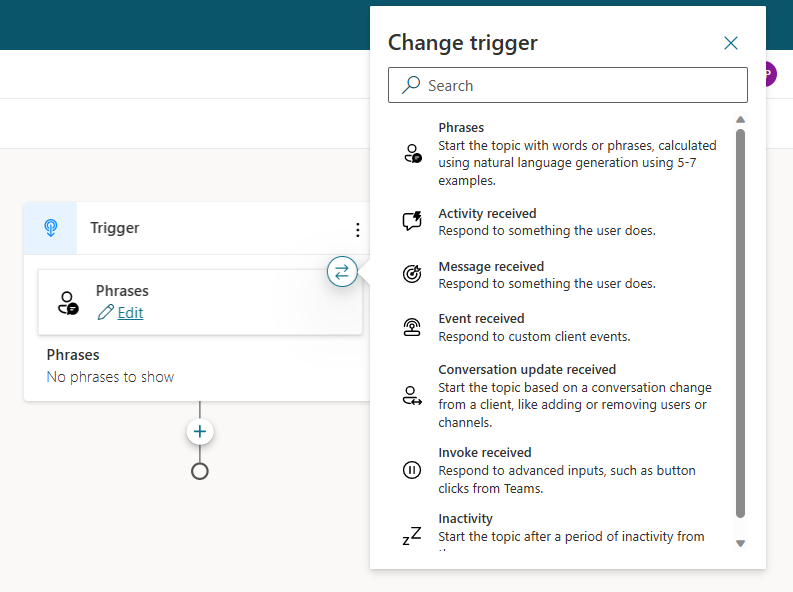 Screenshot of the Change trigger selections.