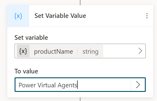 Screenshot showing the use of a literal value for a variable named productName.