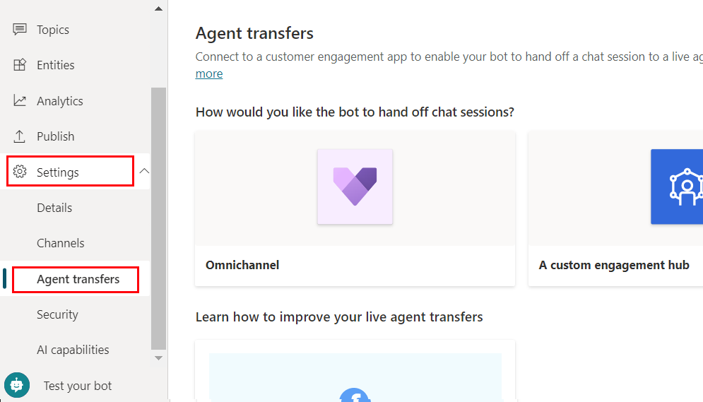 The bot management Agent transfers page.