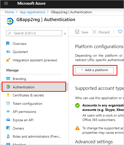 Screenshot showing Add a platform under Authentication.