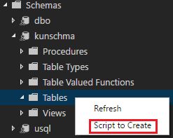 "Script to Create" command on the shortcut menu in the Data Lake explorer