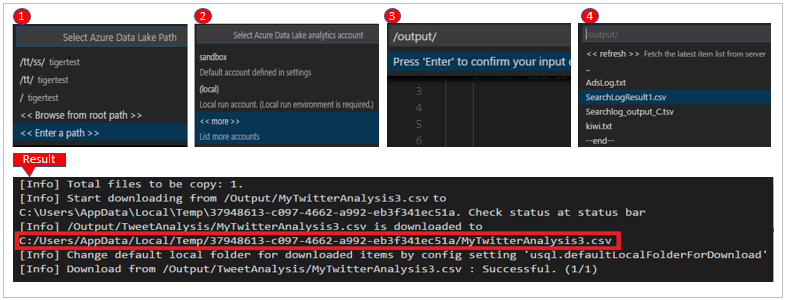 Steps and result for downloading a file