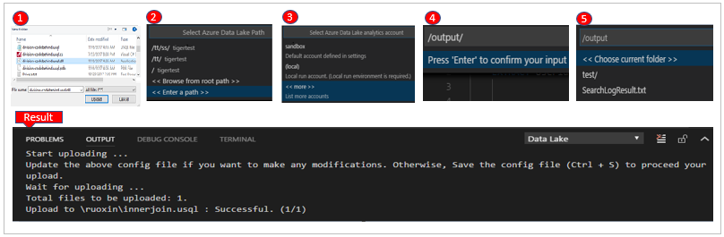 Steps and result for uploading a file or folder