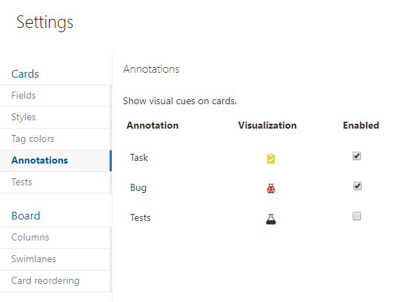 Kanban board, Settings, Annotations