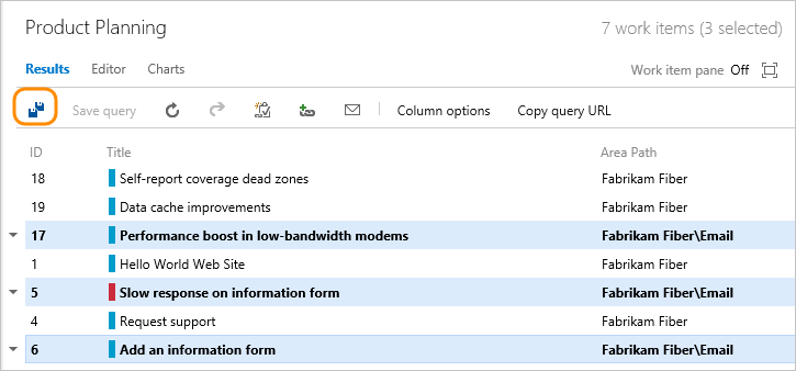 Screenshot of the Web portal, Queries page, Bulk save selected work items.