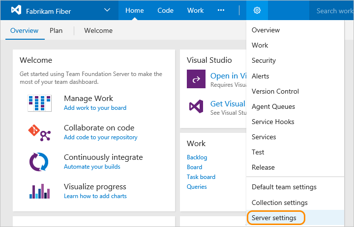 TFS 2017, Web portal, open the Server settings admin context