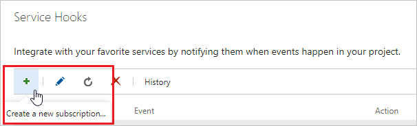 Select the green plus to create a new service hook subscription.