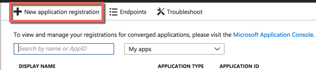 Screenshot that highlights the New application registration button.