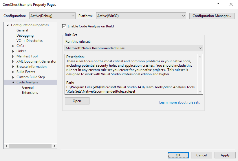 CPPCoreCheck_CodeAnalysis_General Property page for Code Analysis General settings