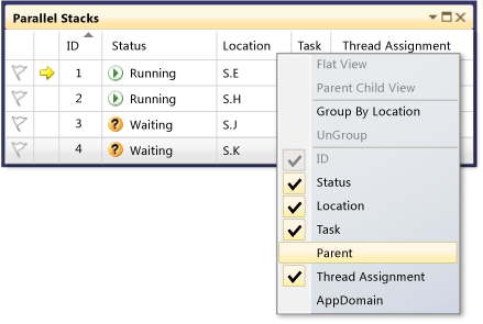 PDB_Walkthrough_8A Shortcut view menu in Parallel Tasks window