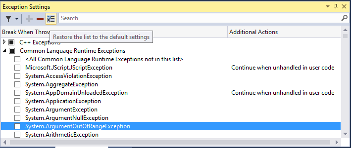 RestoreDefaultExceptions Restore defaults in Exception Settings