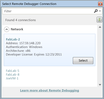 VSRUN_PRO_SelectRemoteDebuggerDlg Select Remote Debugger Connection