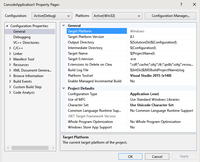 VS2015_ProjProps_cpp Visual C++ project properties