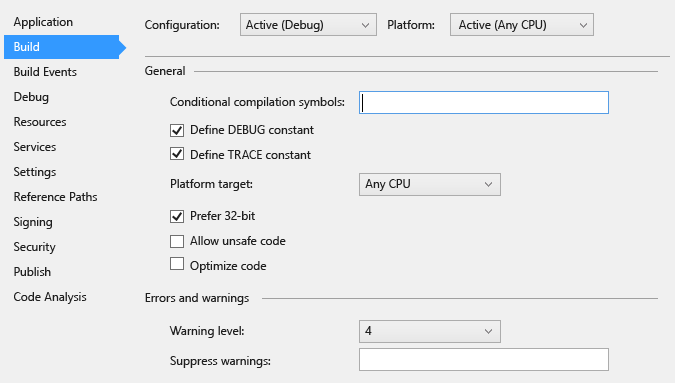 VS2015_PropPage_Build Visual Studio Project Designer