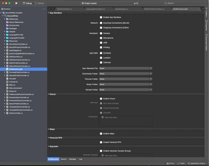 Editing the entitlements Editing the entitlements