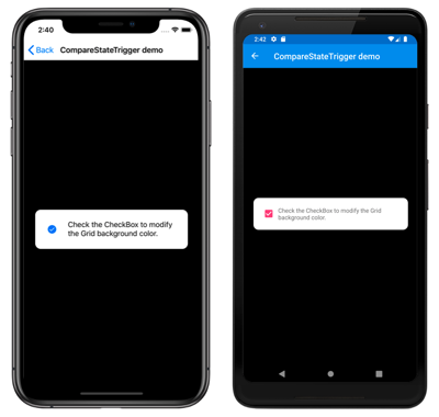 Screenshot of a triggered visual state change, on iOS and Android, with trigger checked.