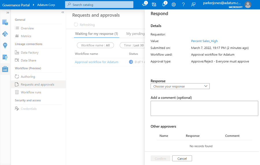 Screenshot showing that the Waiting for a response tab is selected, and an open request has been selected. The Respond page is shown with some details, a space for a response, and a space for commentary.