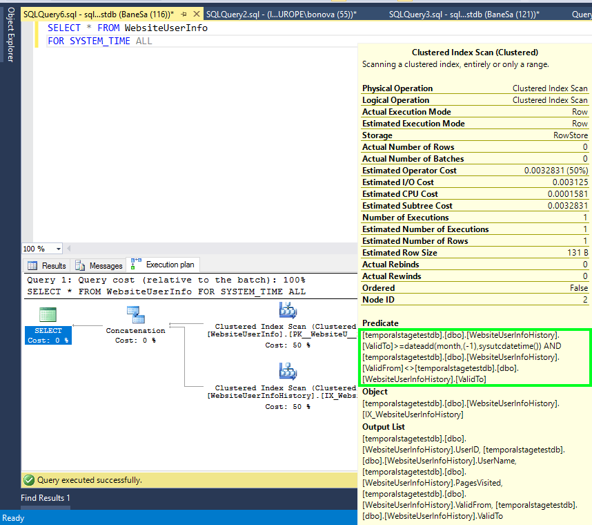 Screenshot of the query plan with an extra retention filter on the history table's ValidTo column.