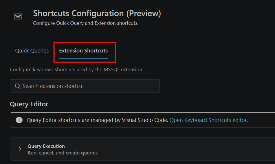 Screenshot of Shortcuts Configuration in the MSSQL extension showing Query Editor and Result View shortcut groups.
