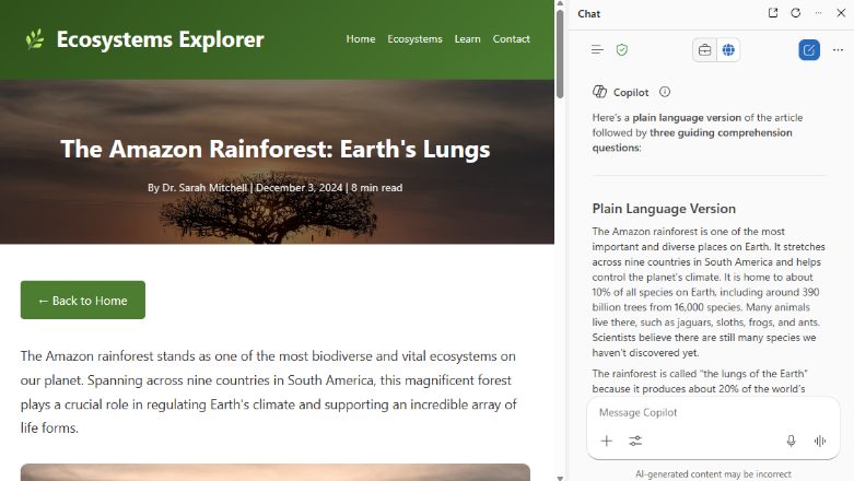 Screenshot of article in Edge with Copilot response in side bar.