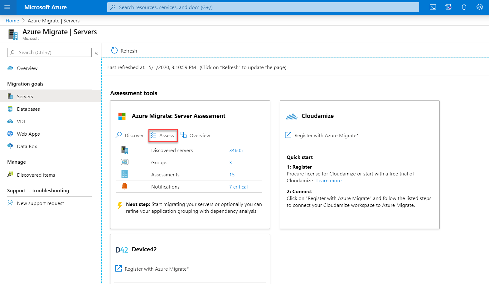 A screenshot of the Azure assessment tools card.