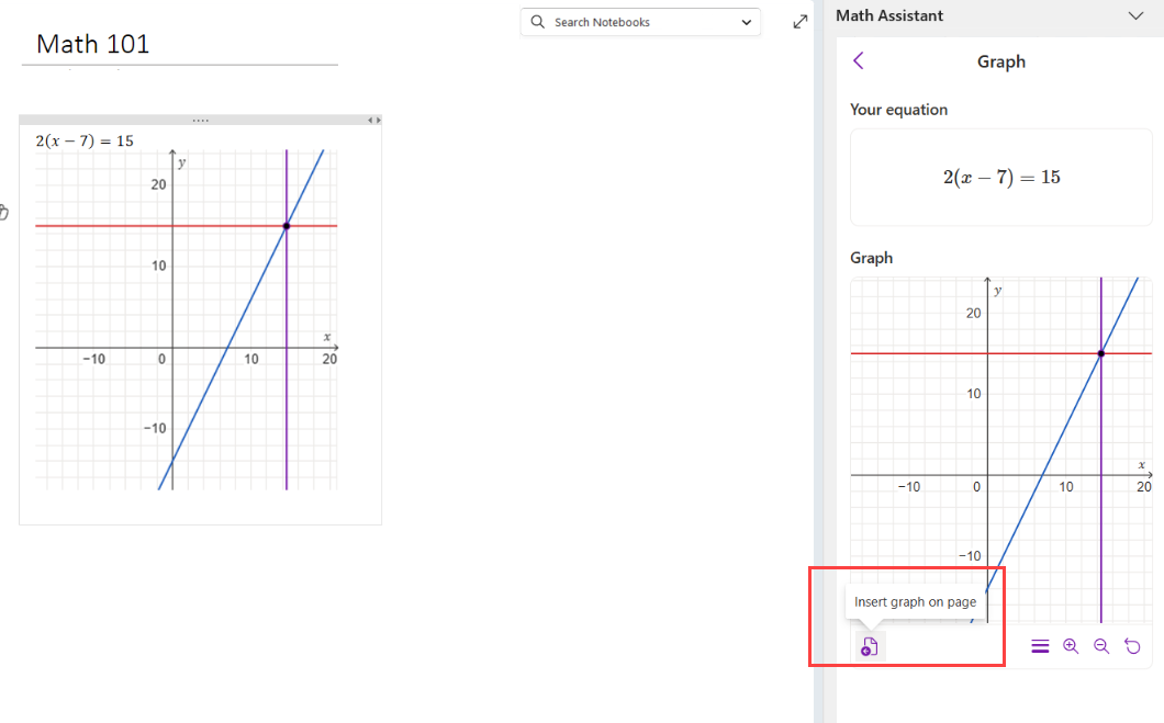 Screenshot of the graphing tool in OneNote Math Assistant.