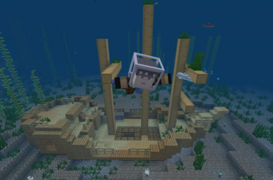 Screenshot of Spawn point for Shipwreck Narrative world in Minecraft Education.