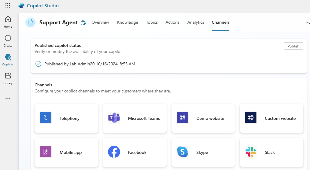 Screenshot showing Azure Bot channels connections.