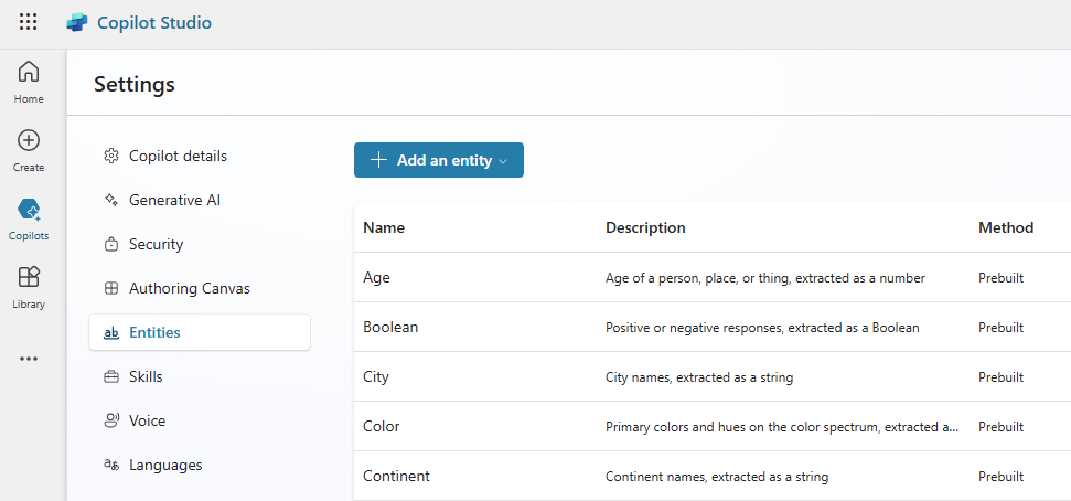 Screenshot of the Copilot Studio entities.
