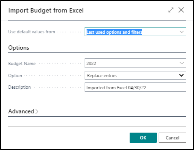 Screenshot showing the Import Budget from Excel page.