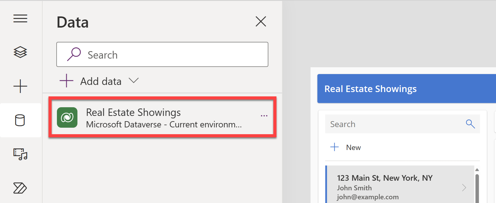 Screenshot of the Dataverse table called Real Estate Showings in the Data panel of Power Apps Studio.
