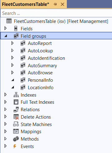 Screenshot showing the field groups in the FleetCustomersTable.