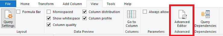 View ribbon, advanced editor button