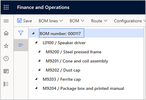 Screenshot  of the BOM designer  page showing a multilevel BOM.